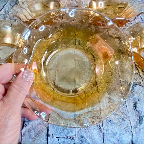 Vintage Carnival Glass Iridescent Ruffled Scalloped Bowl Floral Etched 8 Pcs - Picture 8 of 9